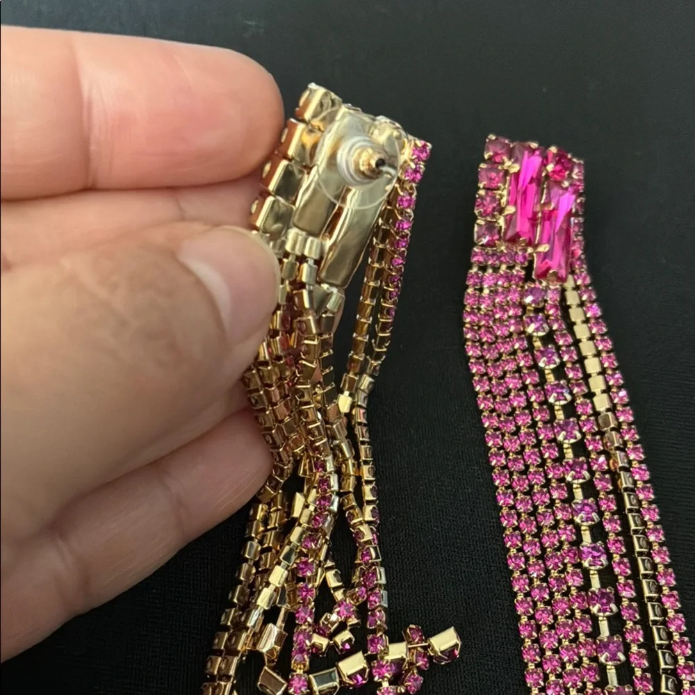 Elegant Pink Rhinestone & Gold Tone Dangle Earrings